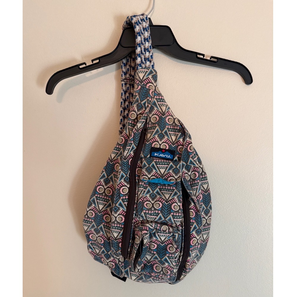 KAVU Rope Bag Geometric Tribal Print Crossbody Sling Blue Pink Tan Canvas